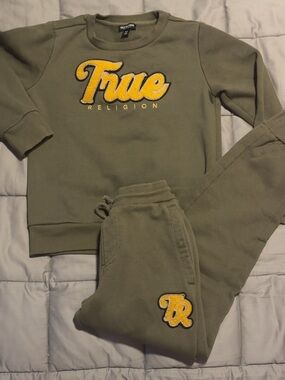 True Religion Kids Olive Green Sweatshirt & Jogger Set with Yellow Logo